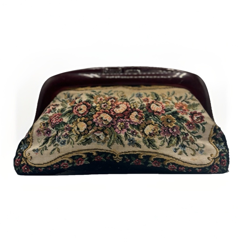 Vintage Tapestry Framed Clutch Purse Floral Amber Lucite Click‎ Closure Black